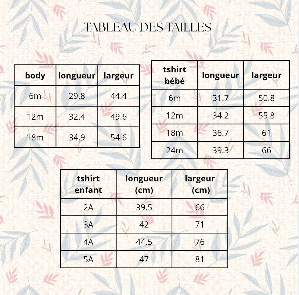 tableau des tailles body tshirt bébé enfant annonce grossesse