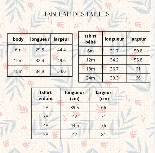 tableau des tailles body tshirt bébé enfant annonce grossesse